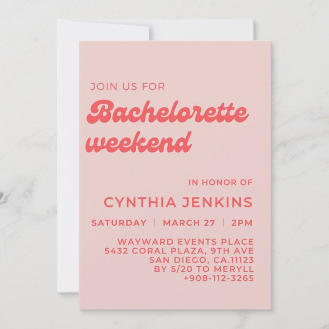 Stylish retro peach pink Bachelorette Party Invitation (Front)
