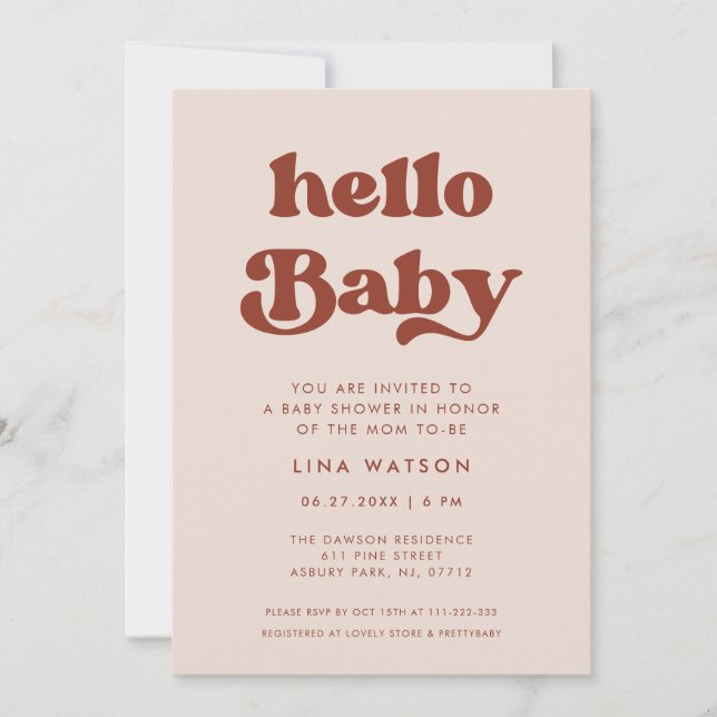 Stylish retro Peach Pink Hello Baby Invitation (Front)