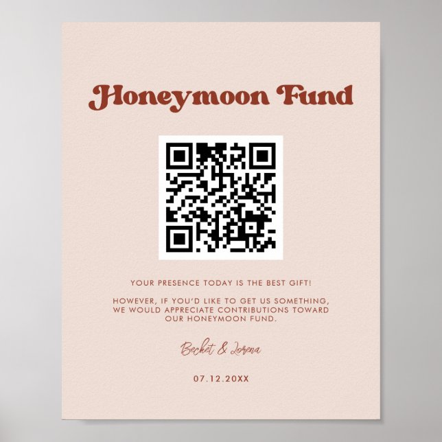 Stylish retro Peach Pink Honeymoon fund QR code Poster (Front)