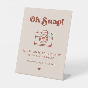Stylish retro Peach Pink Oh Snap Wedding hashtag Pedestal Sign