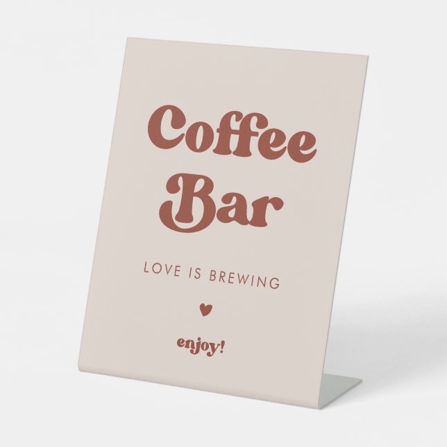 Stylish retro Peach Pink Wedding Coffee Bar Pedestal Sign (Front)