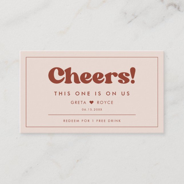 Stylish retro Peach Pink Wedding Drink ticket (Front)