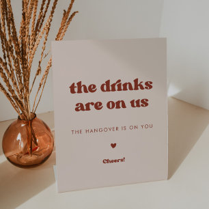 Stylish retro Peach Pink Wedding Drinks are on us Pedestal Sign