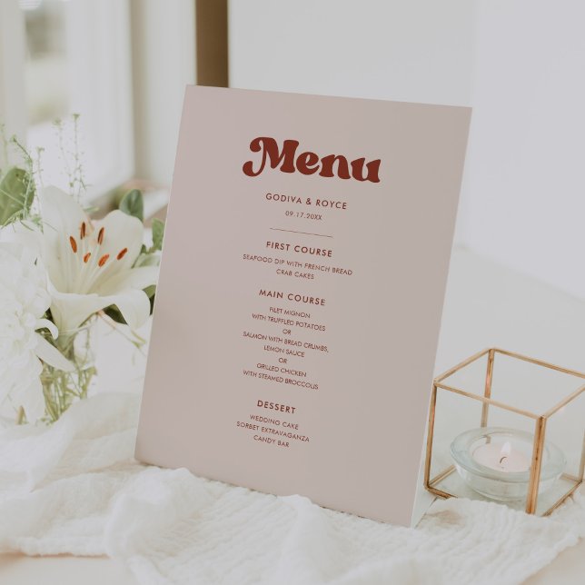 Stylish retro peach pink wedding menu pedestal sign (Creator Uploaded)