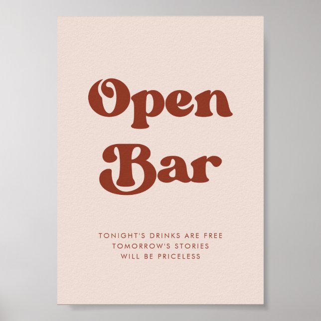 Stylish retro Peach Pink Wedding Open Bar sign (Front)