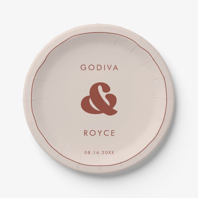 Stylish retro Peach Pink Wedding Paper Plate (Front)