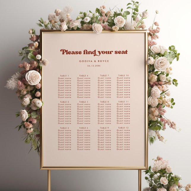 Stylish retro peach pink wedding seating chart (Creator Uploaded)