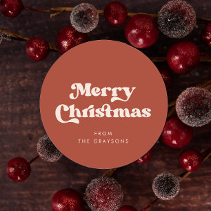 Stylish Retro Terracotta Merry Christmas Classic Round Sticker