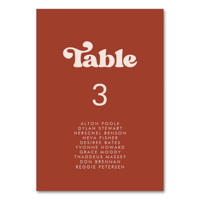 Stylish retro terracotta seating chart cards (Front)