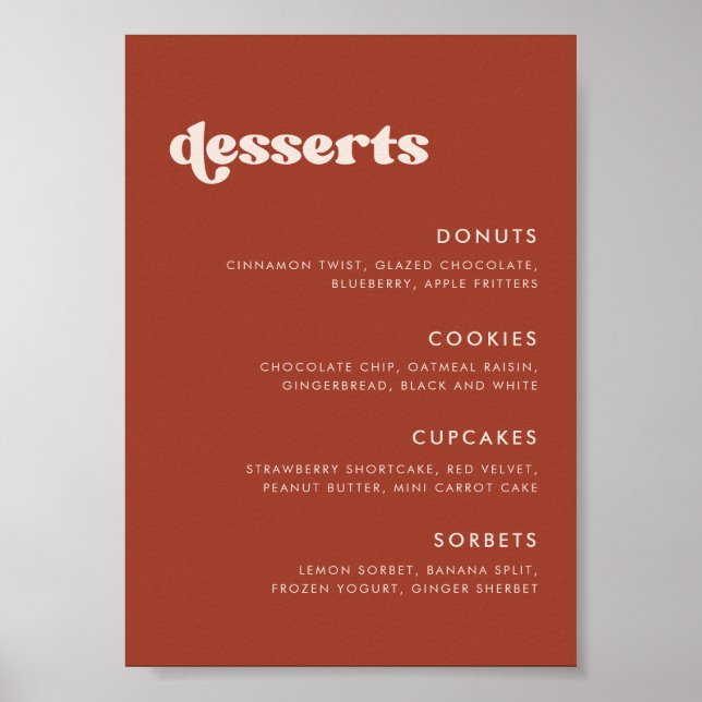 Stylish retro Terracotta Wedding Dessert Bar sign (Front)