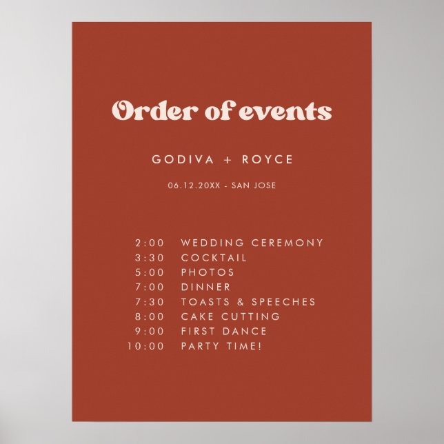 Stylish retro Terracotta Wedding Order of events Poster (Front)