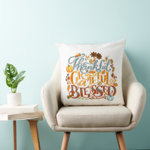 Stylish Retro Thankful Grateful Blessed Script  Cushion