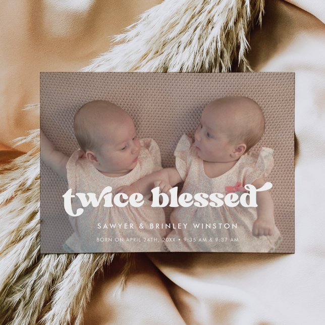 Stylish retro Twice Blessed Twins Birth photo Announcement (Creator Uploaded)