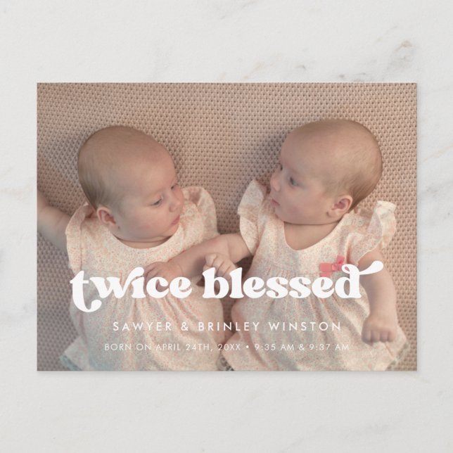 Stylish retro Twice Blessed Twins Birth photo Postcard (Front)
