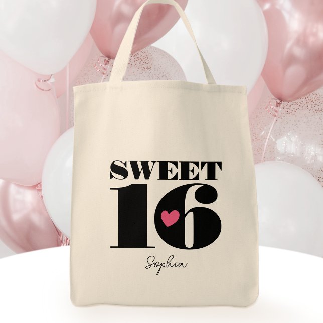 Stylish Retro Typography Sweet Sixteen Black Pink Tote Bag (Creator Uploaded)