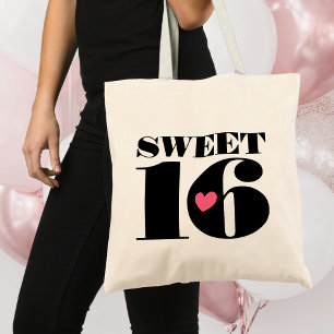 Stylish Retro Typography Sweet Sixteen Black Pink Tote Bag