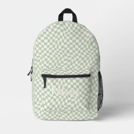 Stylish Retro Wavy Green Check Monogram Name Printed Backpack