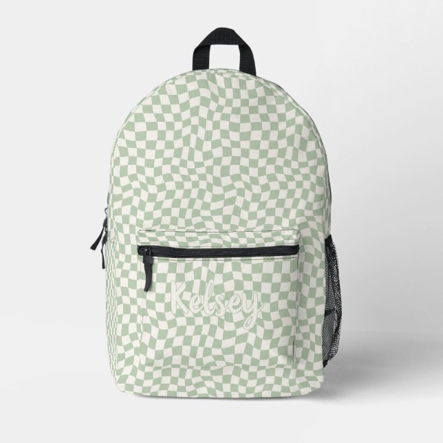 Stylish Retro Wavy Green Check Monogram Name Printed Backpack (Front)