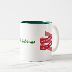 Stylish Ribbon Merry Christmas, Happy New Year Two-Tone Coffee Mug