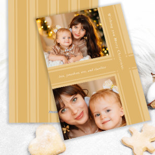 Stylish Ribbons Christmas Golden Yellow Two Photo Holiday Card