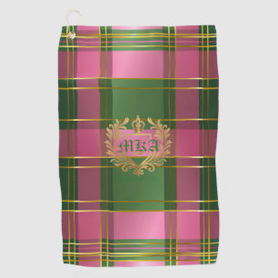 Stylish Rich Pink Green Plaid Crest Monogram Golf Towel