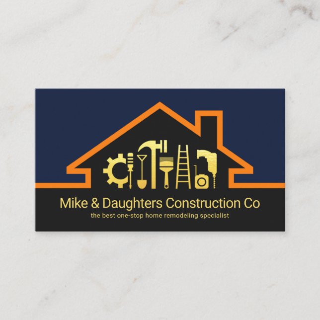 Stylish Rooftop Gold Handyman Tools Business Card (Front)