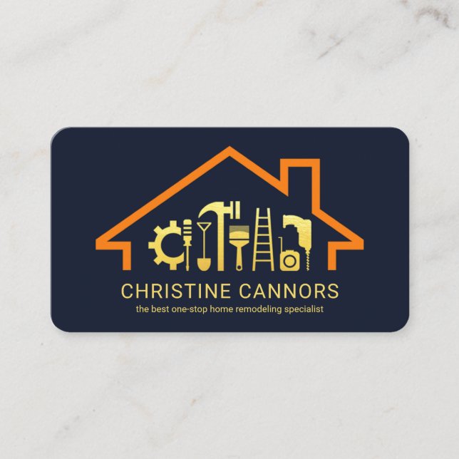 Stylish Rooftop Gold Handyman Tools Frame Business Card (Front)