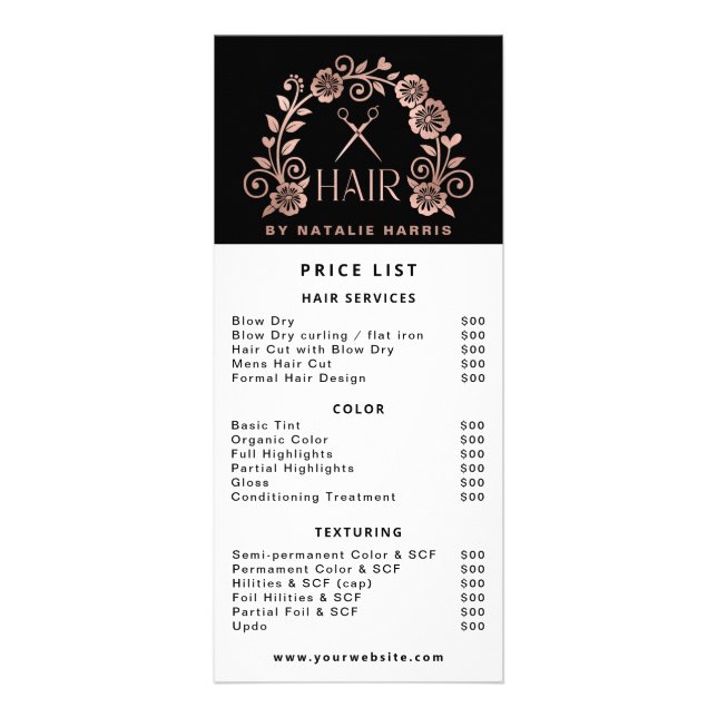 Stylish Rose Gold & Black Hair Price  Rack Card (Front)