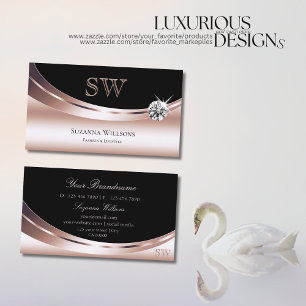 Stylish Rose Gold Black with Monogram and Diamond Business Card