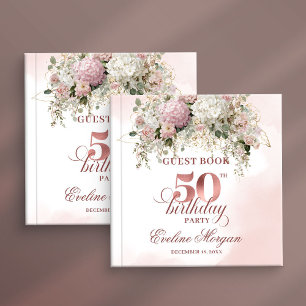 Stylish Rose Gold Blush Flowers 50th Birthday  Guest Book