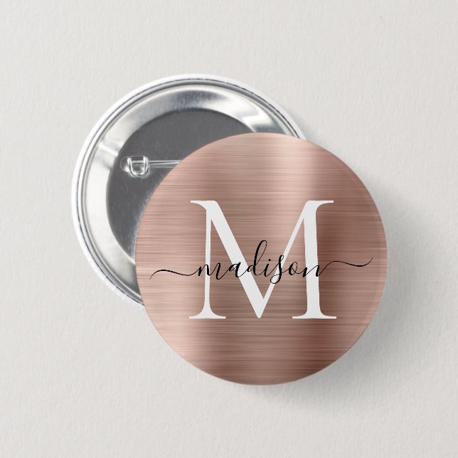 Stylish Rose Gold Brushed Metal Monogram Script 6 Cm Round Badge (Front & Back)