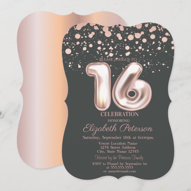 Stylish Rose Gold Dots Grey Sweet 16 Invitation (Front/Back)