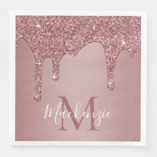 Stylish Rose Gold Dripping Glitter Monogram Napkin