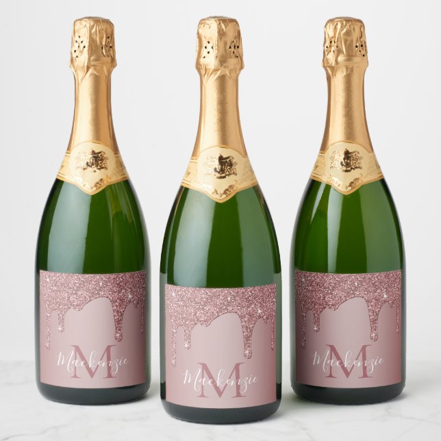 Stylish Rose Gold Dripping Glitter Monogram Sparkling Wine Label (Bottles)