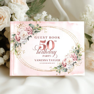 Stylish Rose Gold Floral 50th Birthday Guest Book