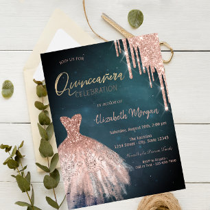 Stylish Rose Gold Glitter Drips Dress Quinceañera Invitation