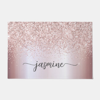 Stylish Rose Gold Glitter Monogram Name Signature Doormat
