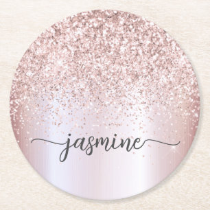 Stylish Rose Gold Glitter Monogram Name Signature Round Paper Coaster