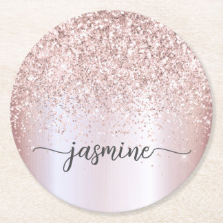 Stylish Rose Gold Glitter Monogram Name Signature Round Paper Coaster