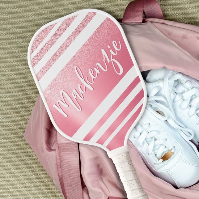 Stylish Rose Gold Glitter Script Name Pickleball Paddle (Creator Uploaded)