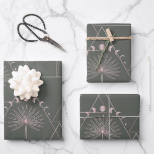 Stylish Rose Gold Grey Palm Leaf Moon Phases Art Wrapping Paper Sheet