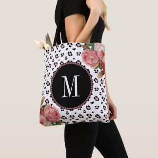 Stylish Rose Gold Leopard Vintage Floral Monogram Tote Bag