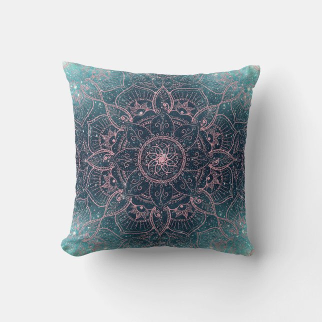 Stylish Rose Gold Mandala Blue Nebula Stars Cushion (Front)