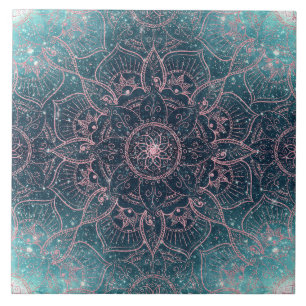 Stylish Rose Gold Mandala Blue Nebula Stars Design Tile