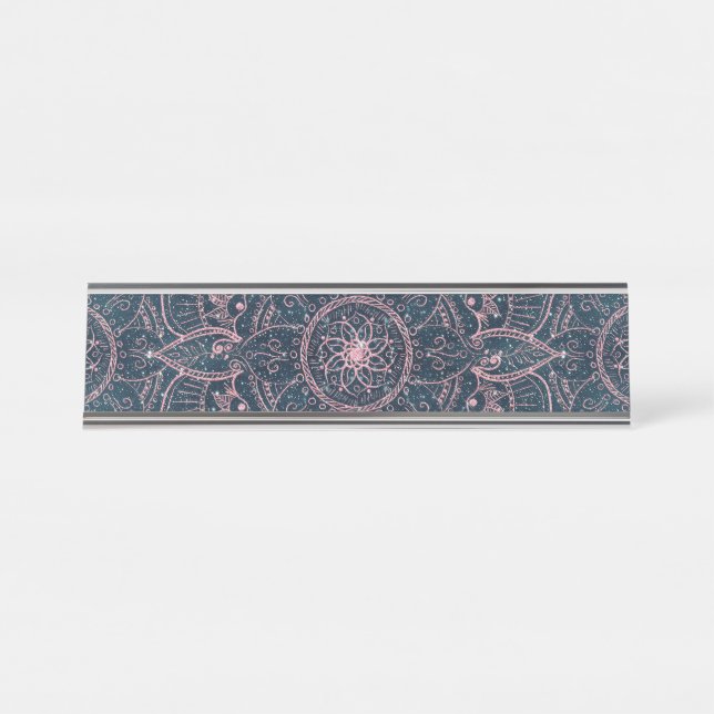 Stylish Rose Gold Mandala Blue Nebula Stars Desk Name Plate (Front)