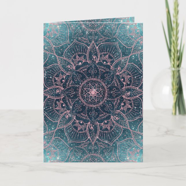 Stylish Rose Gold Mandala Blue Nebula Stars Holiday Card (Front)