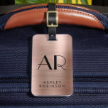 Stylish Rose Gold Metal Two Monogram Initial  Luggage Tag<br><div class="desc">Stylish Modern Elegant 2 Monogram Initial Name Rose Gold Metal Custom Personalised Personalised Luggage Bag Tag. This design featuring full name typography with 2 monogram initial, address info on Rose Gold Brushed metal (Pink Rose gold metallic foil look) background. These are easy to customise it. Stylish feminine or gift for...</div>