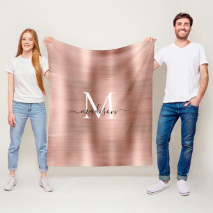 Stylish Rose Gold Monogram Script Brushed Metal Fleece Blanket