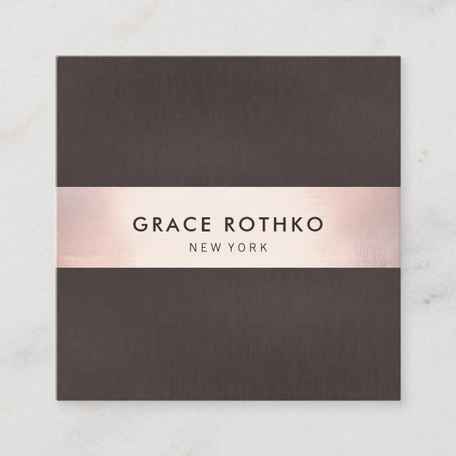 Stylish Rose Gold Stripe Brownn Linen Square Business Card (Front)