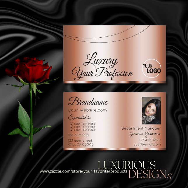 Stylish Rose Golden Glamourous with Logo and Photo Business Card (Creator Uploaded)